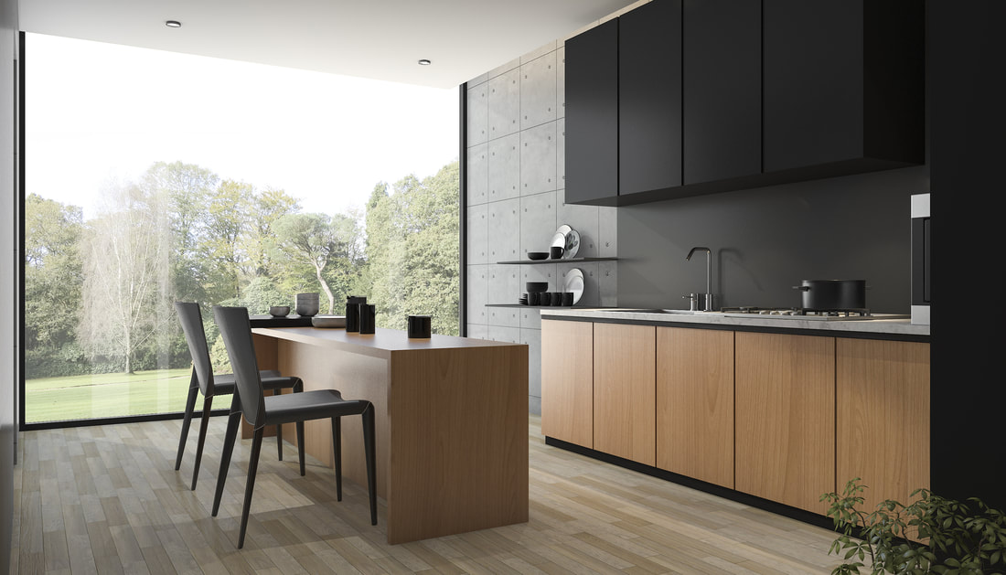 Dark and timber kitchen open to the dining room